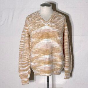 Handmade Tan Pink White Knit Crew Neck Sweater S